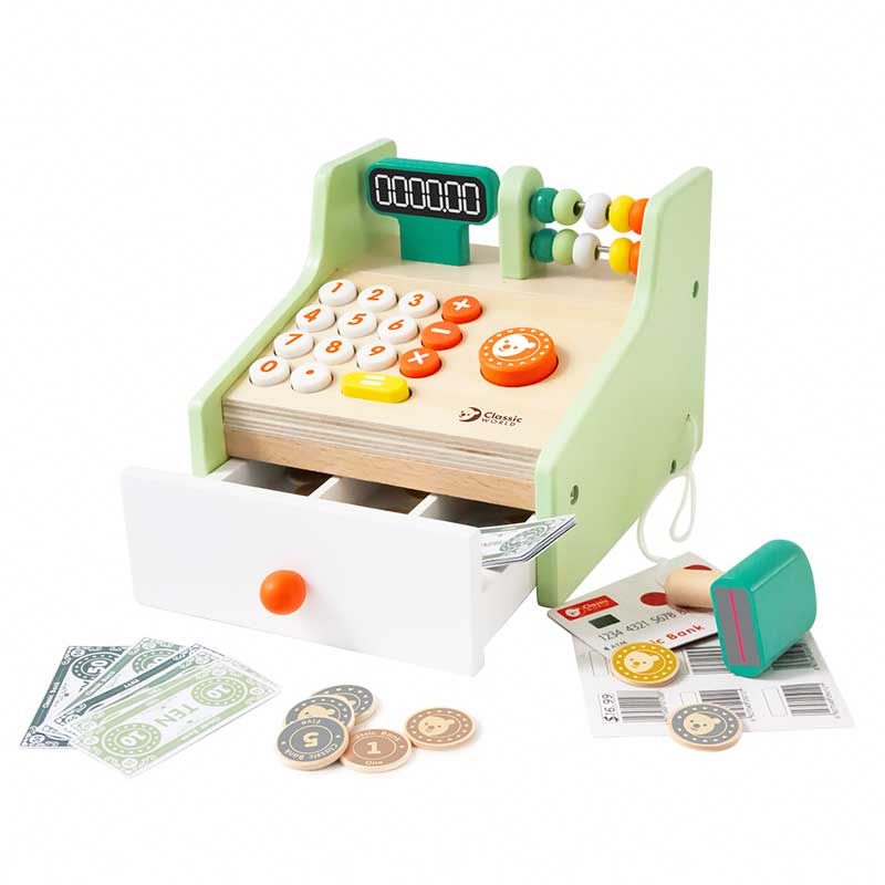 Wooden cash register - toy with accessories