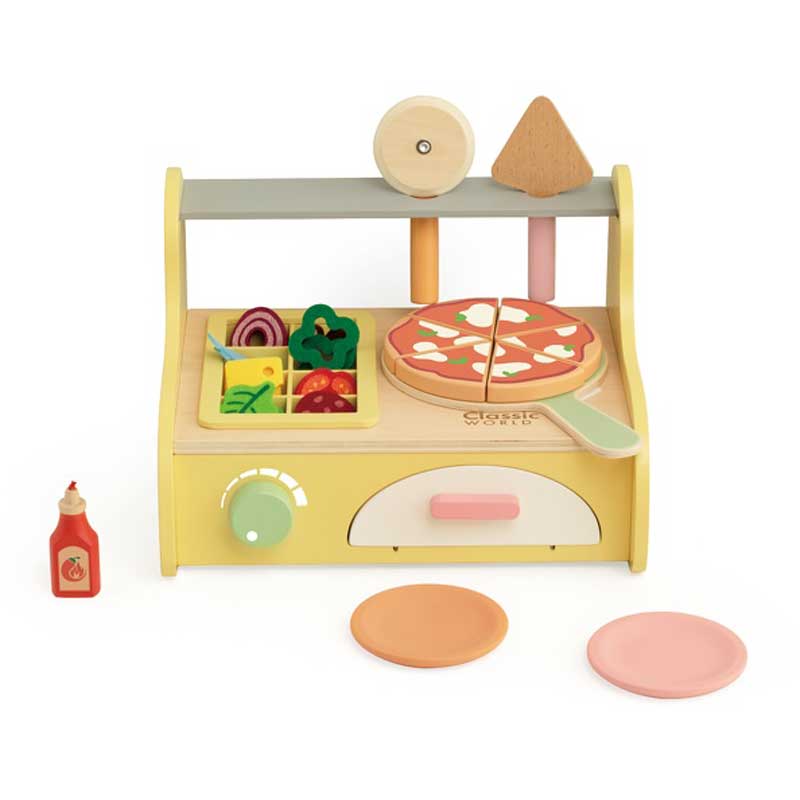 Wooden children's pizza oven with accessories