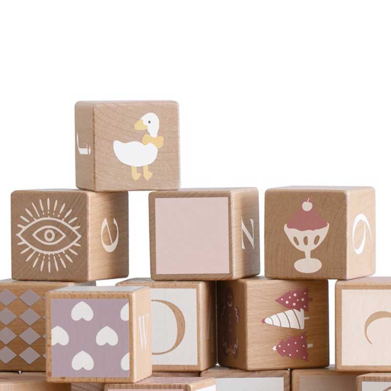 Children's constructor of wooden blocks with different symbols