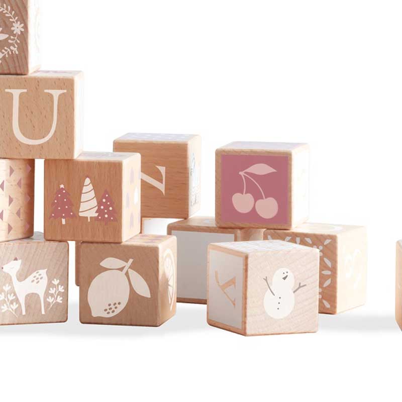 Children's constructor of wooden blocks with different symbols