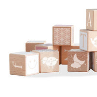 Children's constructor of wooden blocks with different symbols