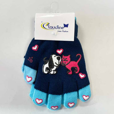 Children's gloves Dog and kitten, dark blue/blue, 6-10 years.