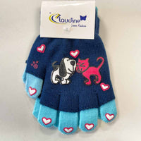 Children's gloves Dog and kitten, dark blue/blue, 6-10 years.